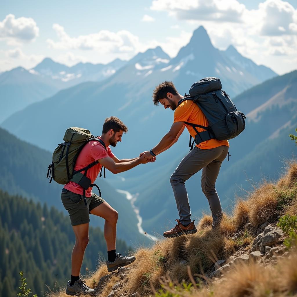 Hình ảnh hai người bạn thân cùng nhau leo núi, một người đưa tay kéo người kia lên, biểu tượng cho sự hỗ trợ và động viên vượt qua khó khăn