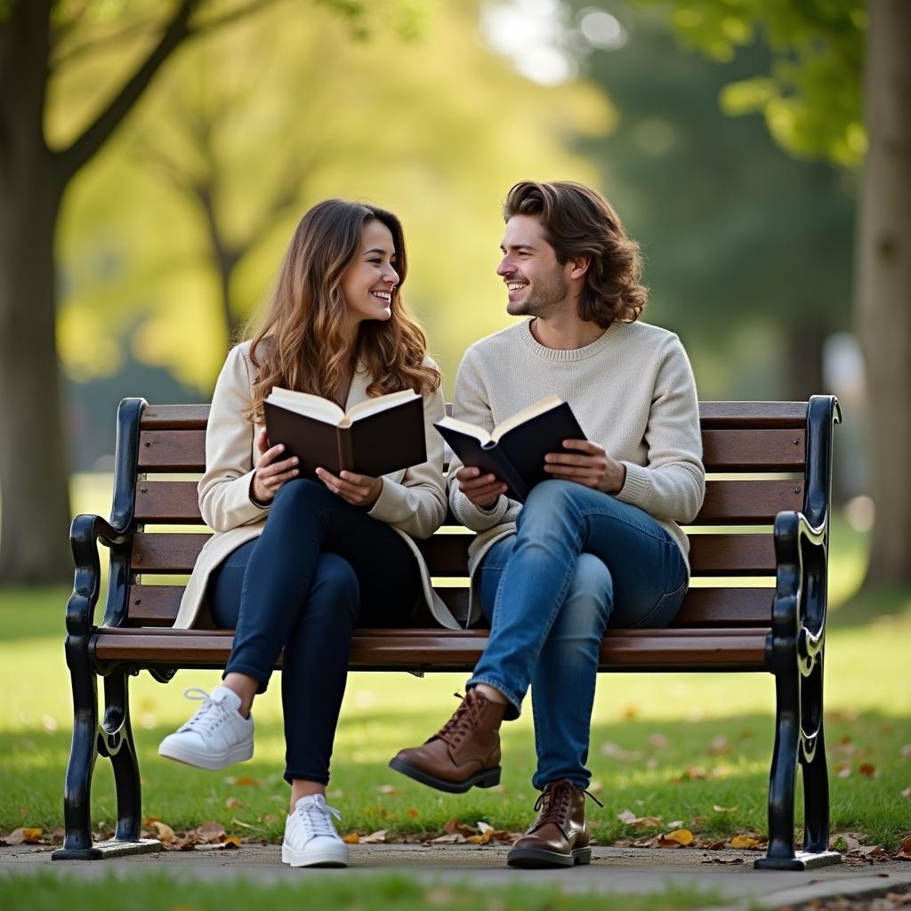 Hình ảnh hai người bạn thân đang ngồi đọc sách cùng nhau trong công viên, chia sẻ những khoảnh khắc bình yên và gắn kết