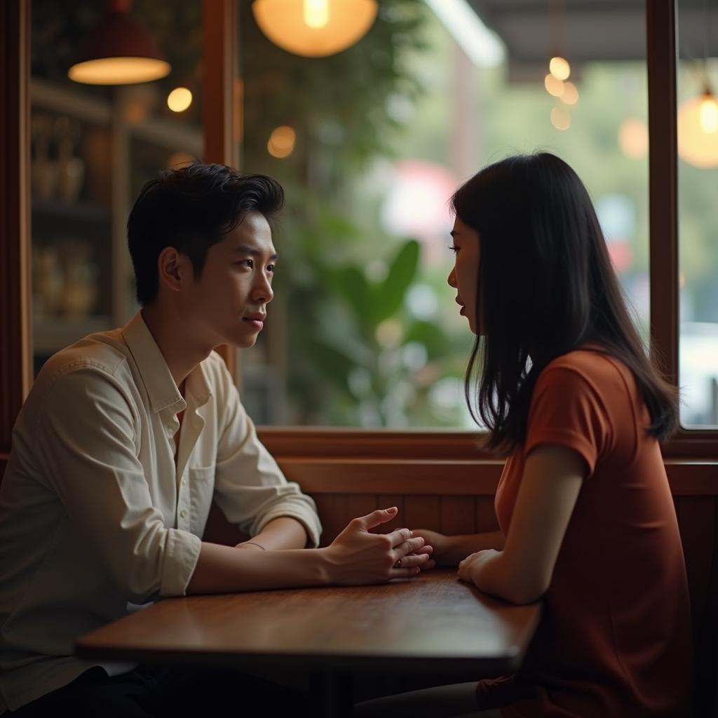 Hai người bạn thân ngồi đối diện trong quán cà phê, cùng nhau hóa giải mâu thuẫn bằng một buổi talkshow chân thành và cởi mở.