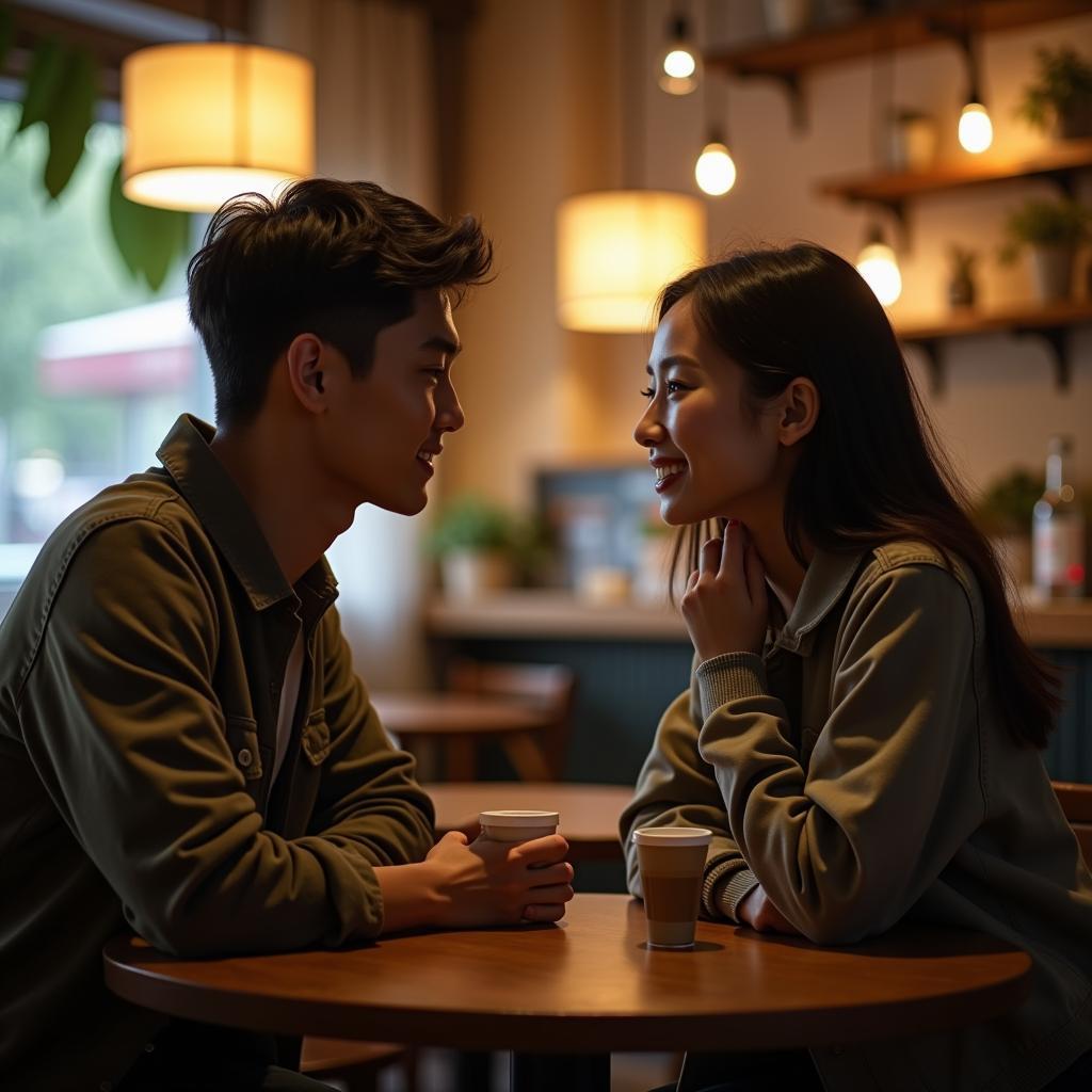 Hai người bạn thân, một nam một nữ, đang ngồi đối diện nhau trong quán cà phê ấm cúng, ánh mắt nhìn nhau đầy ẩn ý và nụ cười hạnh phúc, báo hiệu một sự chuyển biến từ tình bạn sang tình yêu.