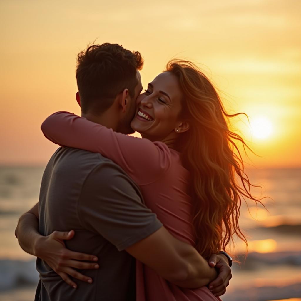 Hai người bạn thân, một nam một nữ, đang ôm nhau an ủi bên bờ biển lúc hoàng hôn, thể hiện một khoảnh khắc cảm xúc và sâu lắng trong một cuộc thi ảnh tình bạn.