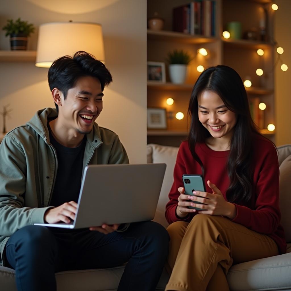 Hai người bạn thân, một nam một nữ, đang trò chuyện vui vẻ qua video call trên laptop và điện thoại, vượt qua khoảng cách địa lý