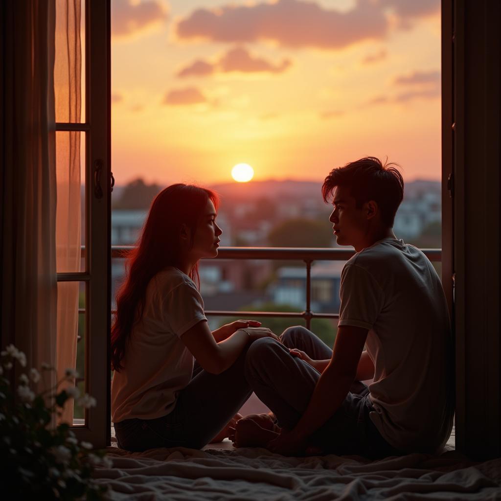Hình ảnh hai người bạn thân ngồi bên nhau, thể hiện sự bảo vệ và tình bạn như người ruột thịt.