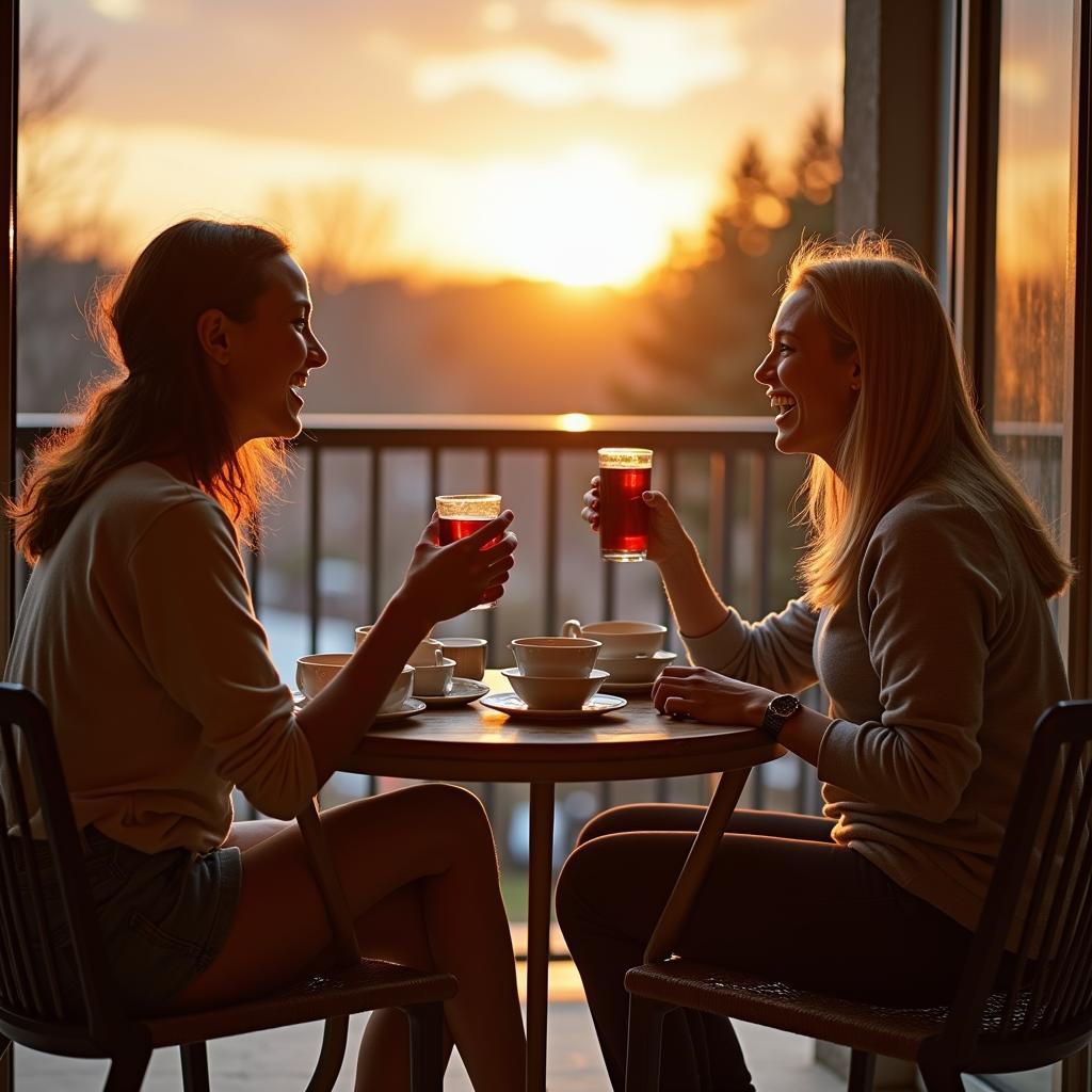 Hai người bạn thân đang cùng nhau uống trà và mỉm cười thư giãn trên ban công sau một buổi tập vật lý trị liệu căng thẳng.