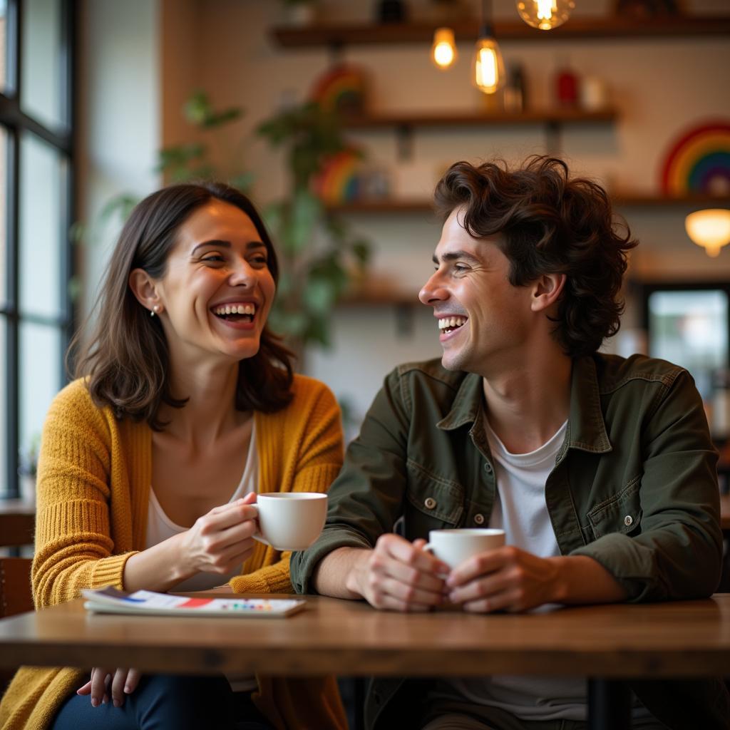 Hai người bạn thân, một người dị tính và một người thuộc cộng đồng LGBTQ+, đang ngồi trò chuyện vui vẻ tại một quán cà phê có trang trí ấm cúng và cởi mở.