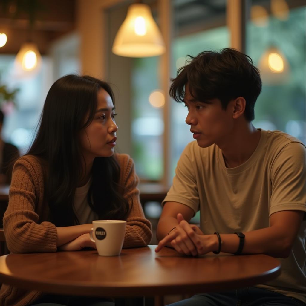 Hai người bạn thân đang ngồi trò chuyện thẳng thắn với nhau để giải quyết vấn đề đòi quà trong tình bạn