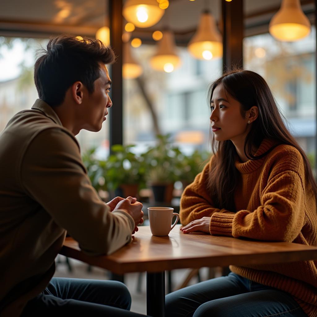 Hai người bạn thân đang ngồi đối diện, bình tĩnh trao đổi để tranh luận mà không ảnh hưởng tình bạn gia đình