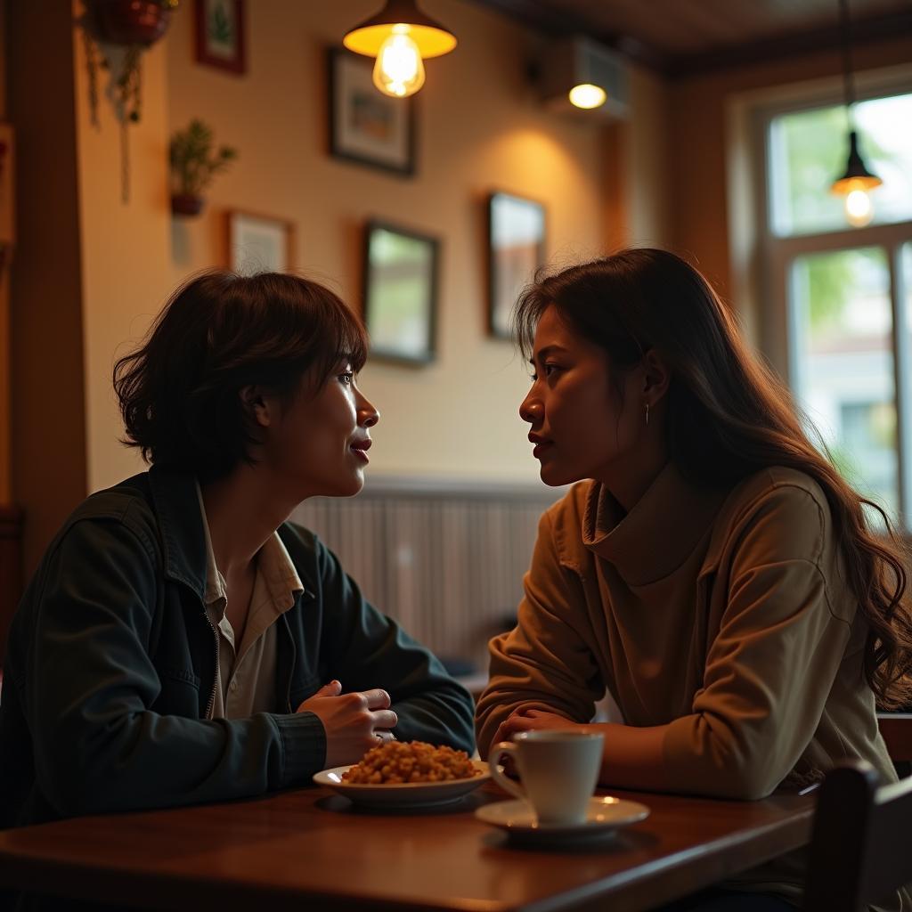 Hai người bạn ngồi đối diện nhau trong quán cà phê, cùng nhau trò chuyện một cách chân thành để giải quyết mâu thuẫn trong tình bạn, ánh sáng ấm áp