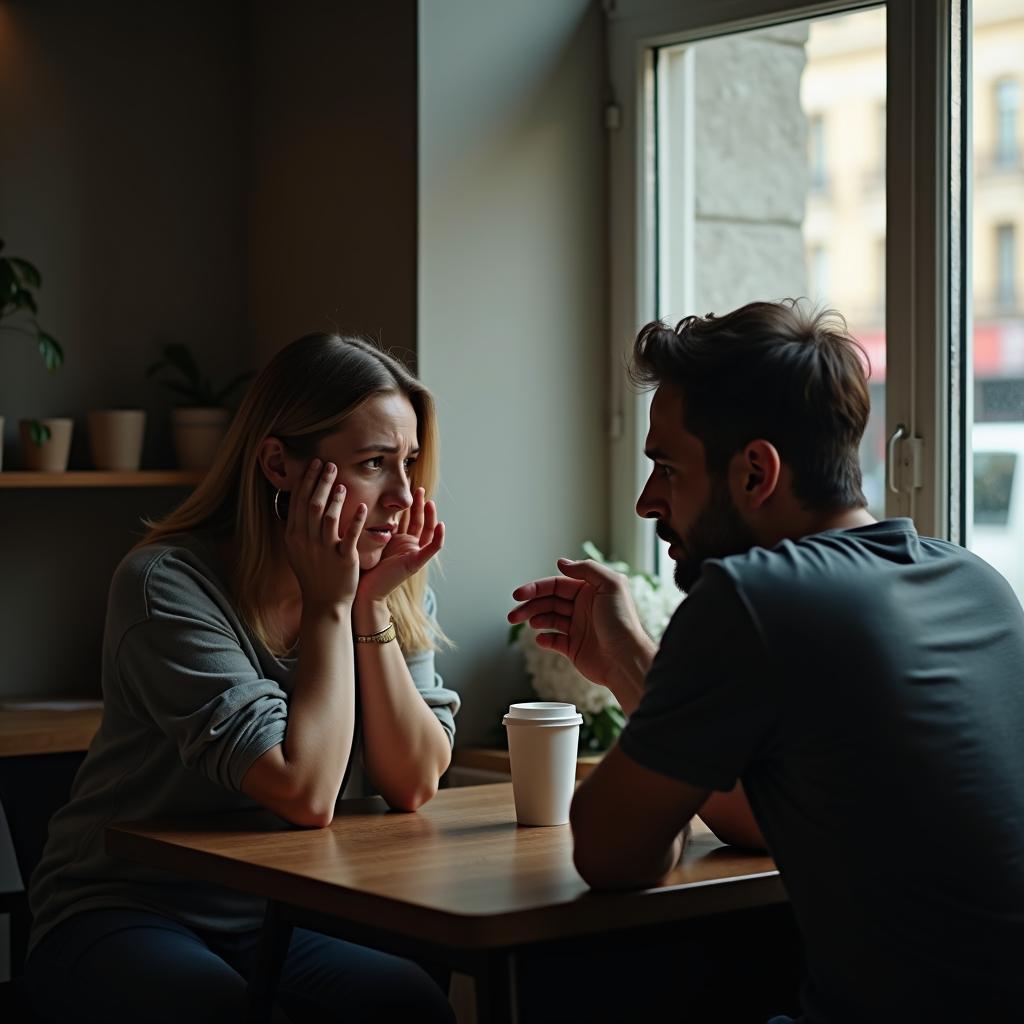 Hai người bạn ngồi đối diện nhau trong quán cà phê vắng, một người đang lắng nghe với vẻ mặt buồn bã khi người kia chia sẻ về cách đổi cách giao tiếp khi bị phản bội.