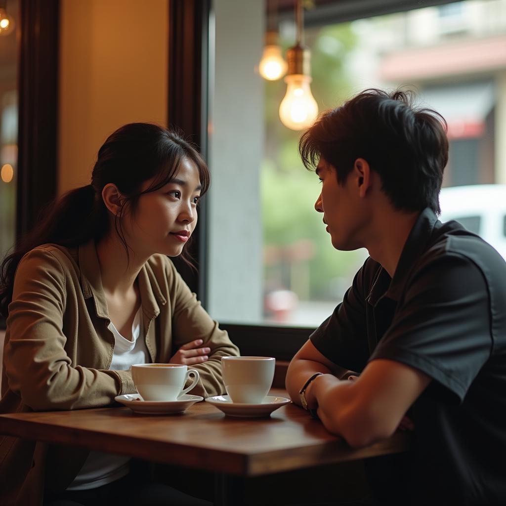 Hình ảnh hai người bạn đang trò chuyện và lắng nghe nhau một cách chân thành, thể hiện cách giao tiếp hiệu quả với bạn bè.