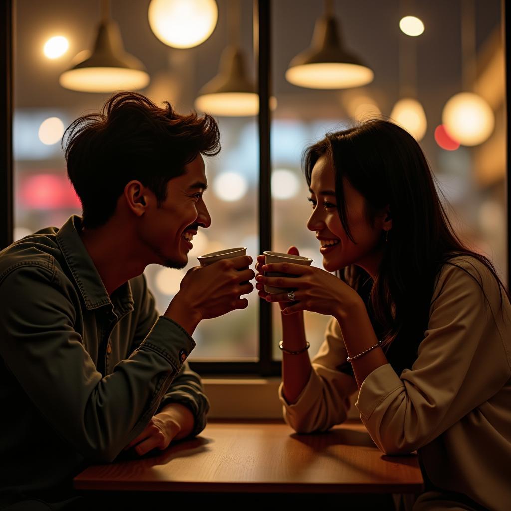 Hai người bạn thân đang trò chuyện sâu sắc và vui vẻ trong một quán cà phê ấm cúng, minh họa cho tình bạn bền vững được xây dựng từ cộng đồng online.