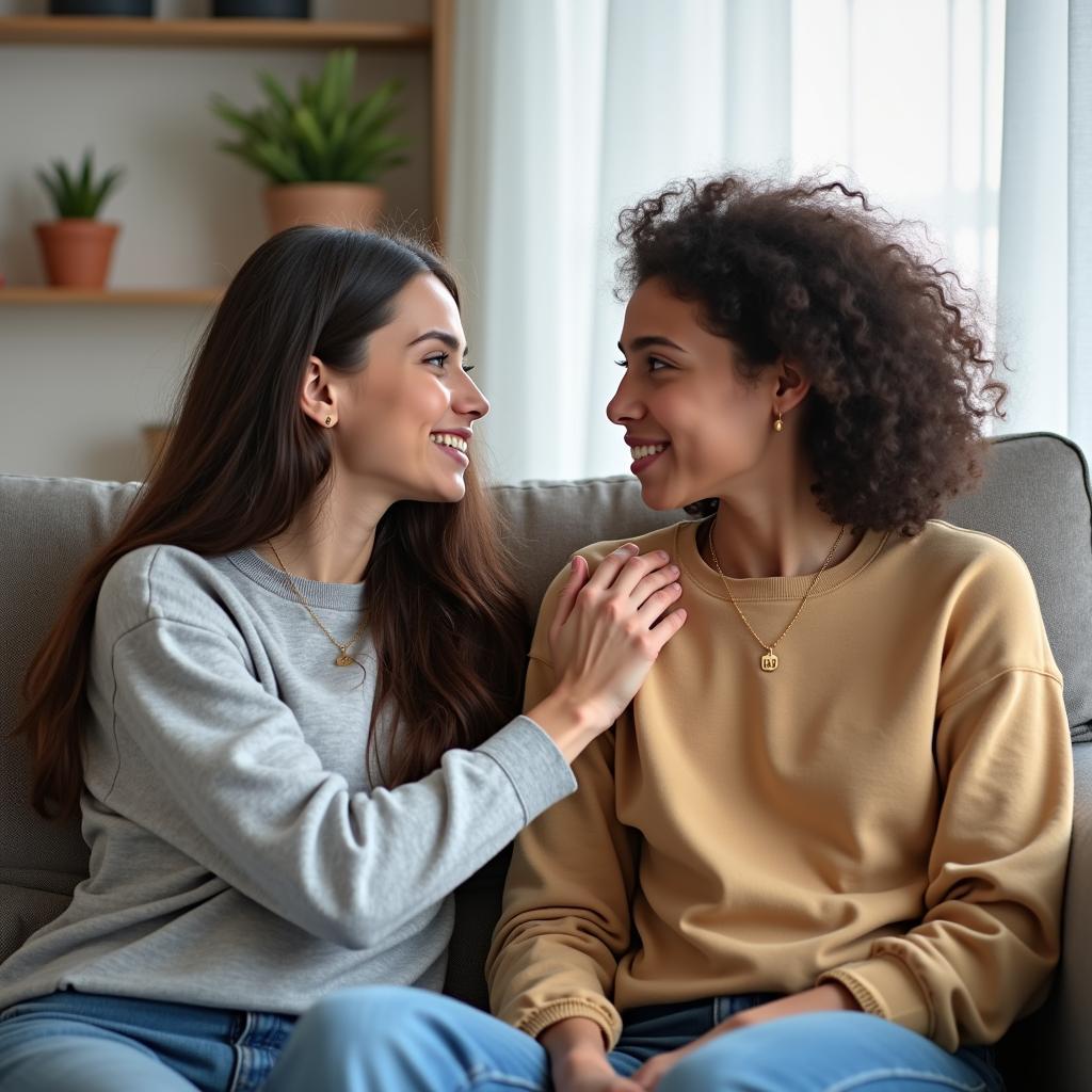 Hai người bạn trẻ đang ngồi đối diện nhau trên ghế sofa, một người đặt tay lên vai người kia với vẻ an ủi, biểu hiện sự hòa giải sau mâu thuẫn