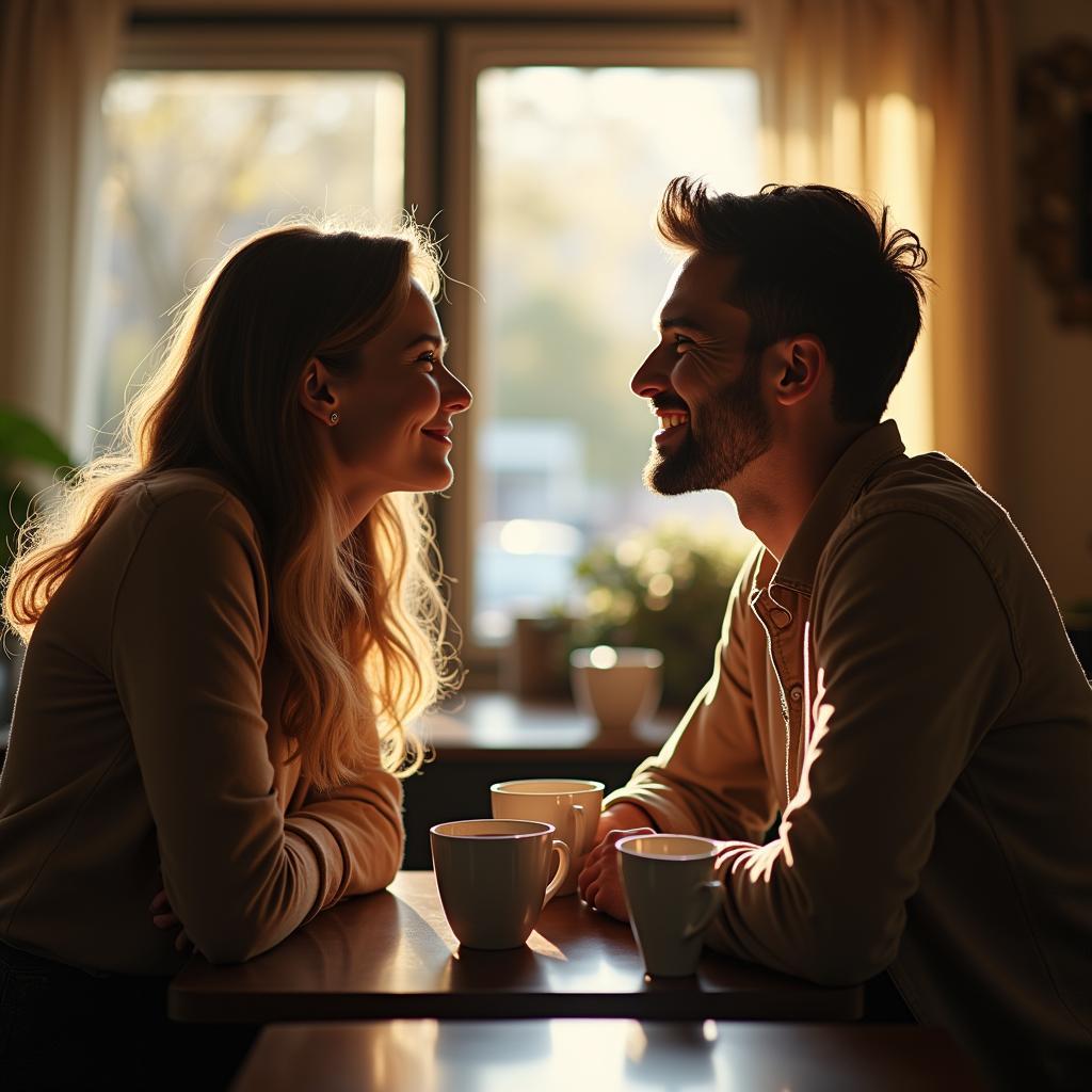 Hai người bạn thân ngồi đối diện nhau tại một quán cà phê yên tĩnh, chân thành trò chuyện để tự giải quyết xung đột và hàn gắn tình cảm
