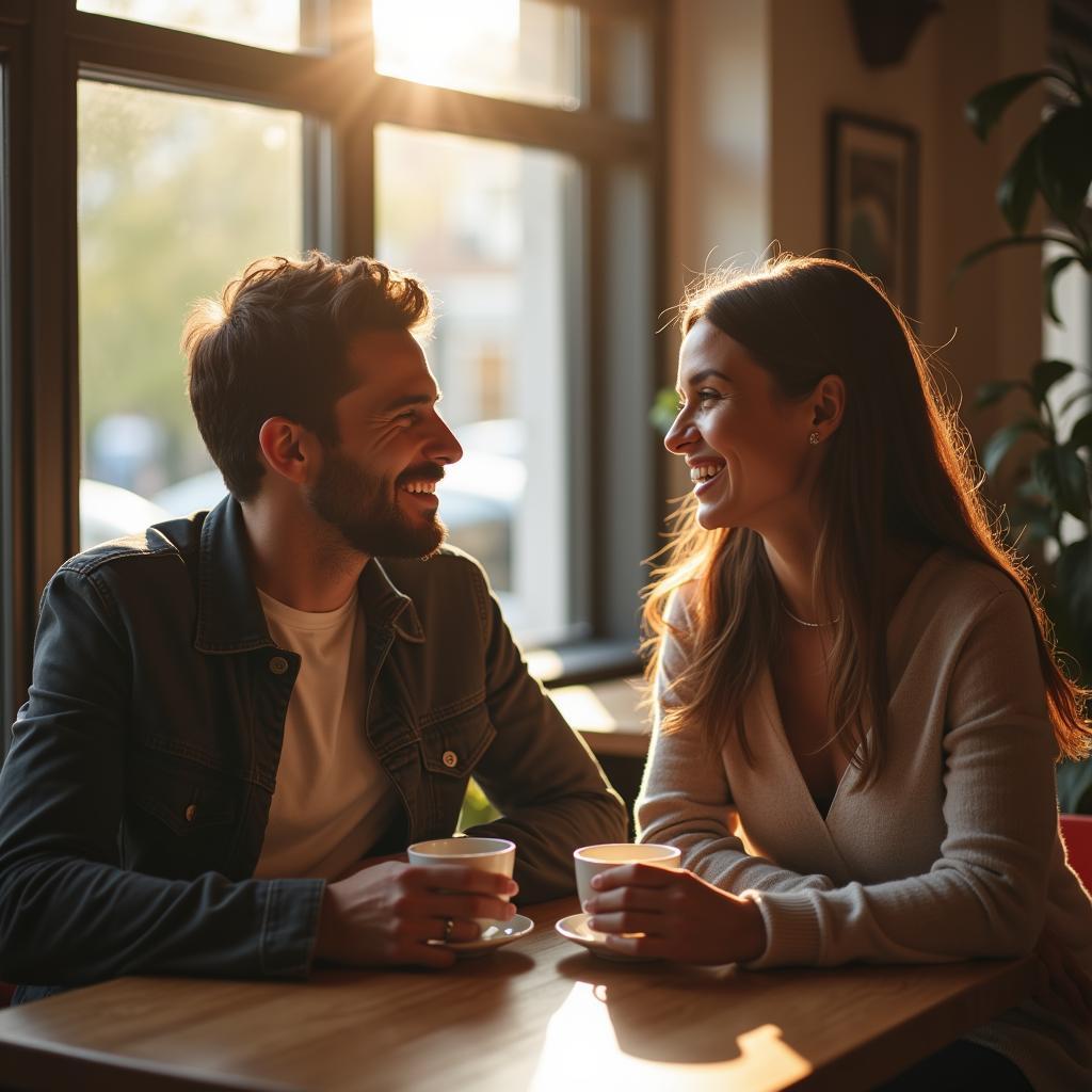 Hai người bạn từng yêu nhau trò chuyện vui vẻ bên ly cà phê, duy trì tình bạn sau khi yêu một cách trưởng thành