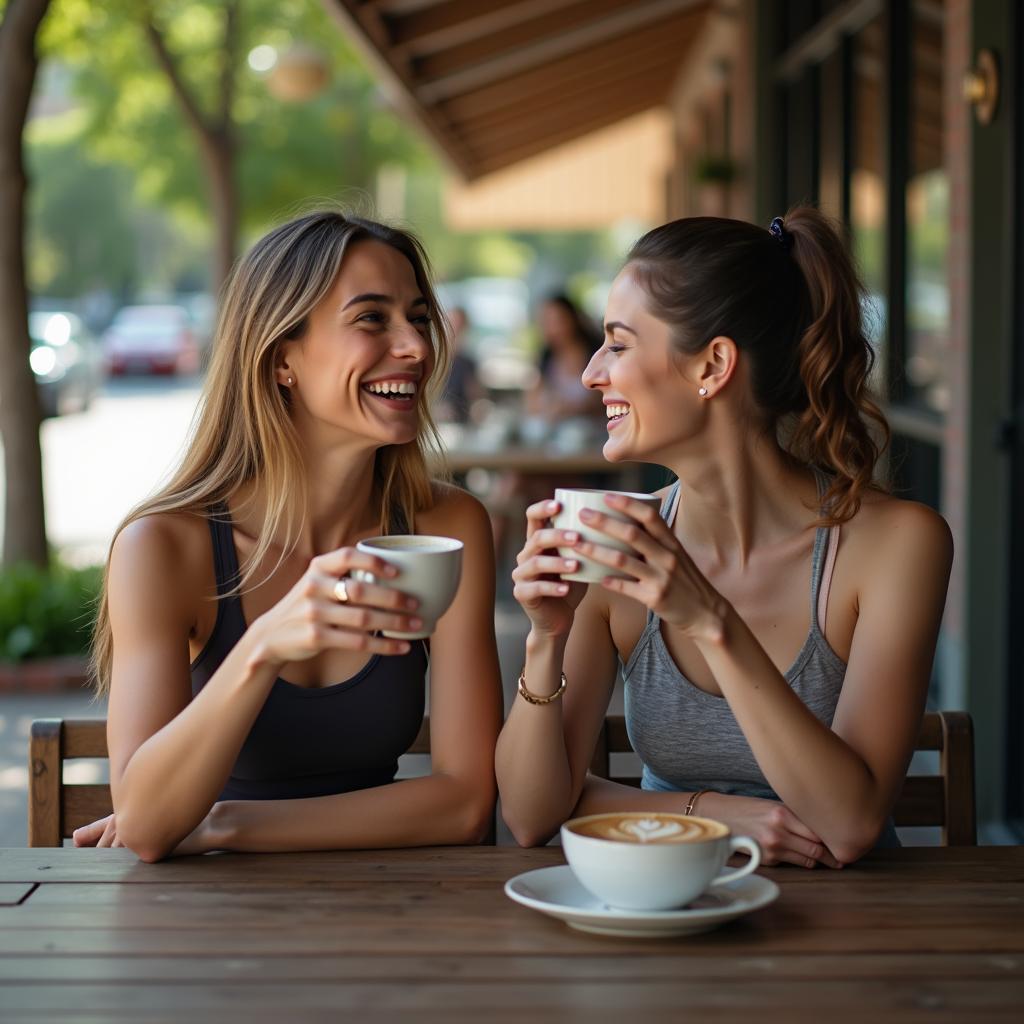 Hai người phụ nữ mặc đồ tập yoga đang vui vẻ trò chuyện tại một quán cà phê ngoài trời