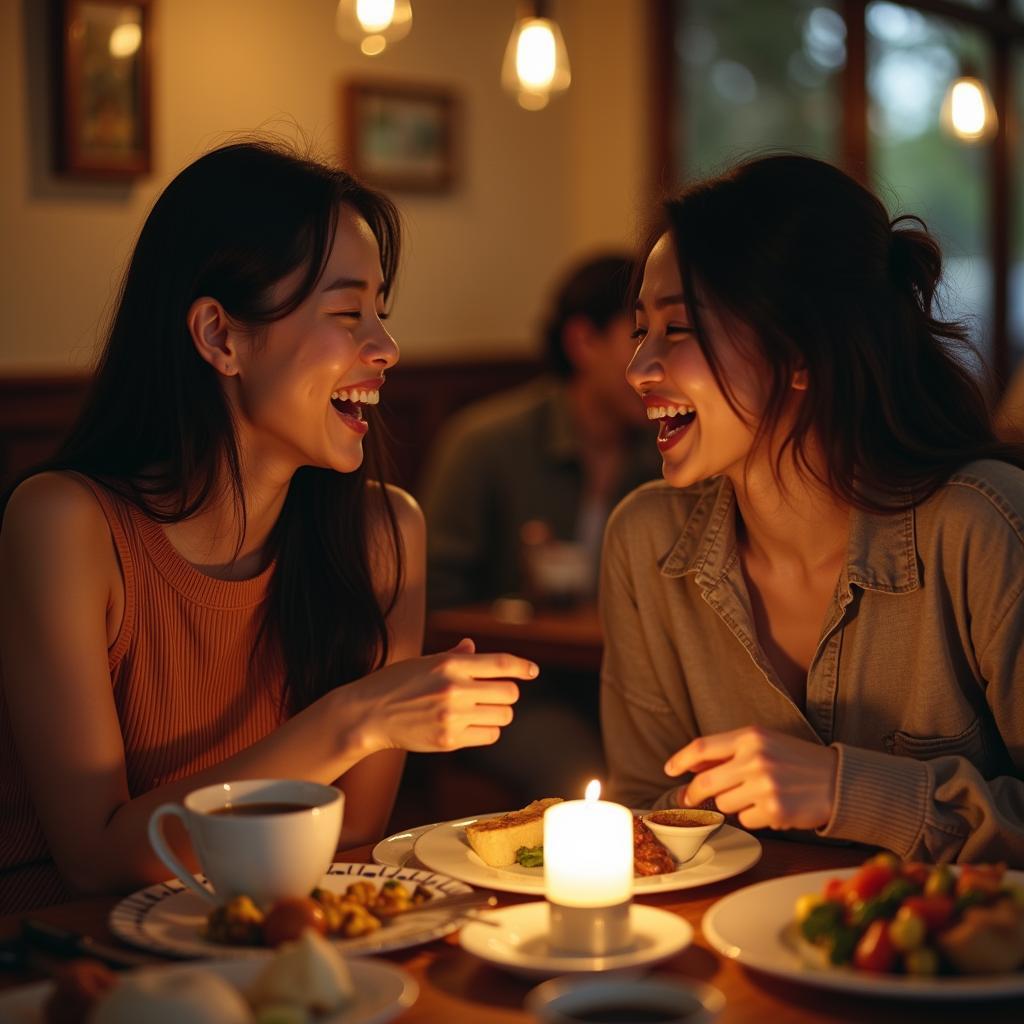 Hai người bạn thân đang cùng nhau cười nói vui vẻ trong một không gian ấm cúng, thể hiện sự hàn gắn và kết nối lại sau khi đã giải quyết thành công mâu thuẫn.