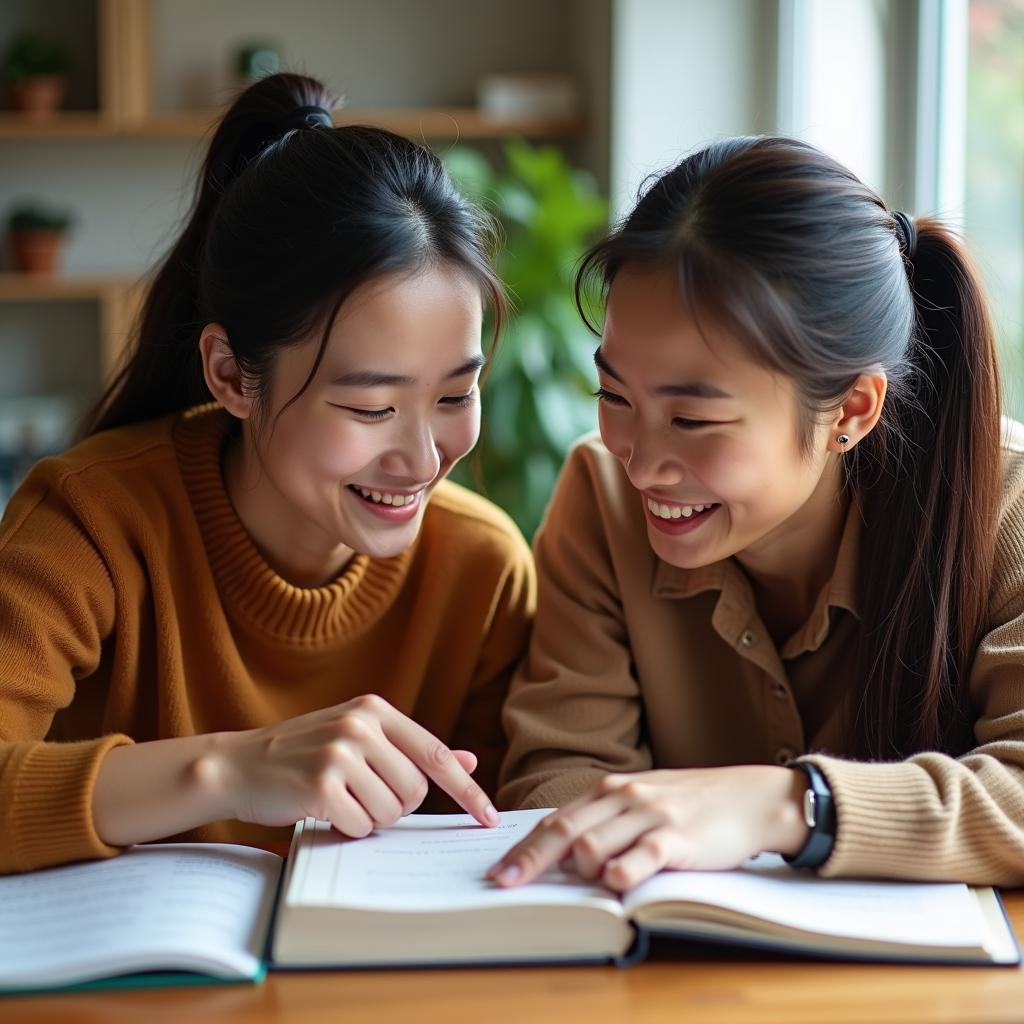 Hai người bạn, một người Việt Nam và một người nước ngoài, đang cùng nhau học ngôn ngữ, thể hiện sự kiên nhẫn và nỗ lực xây dựng tình bạn