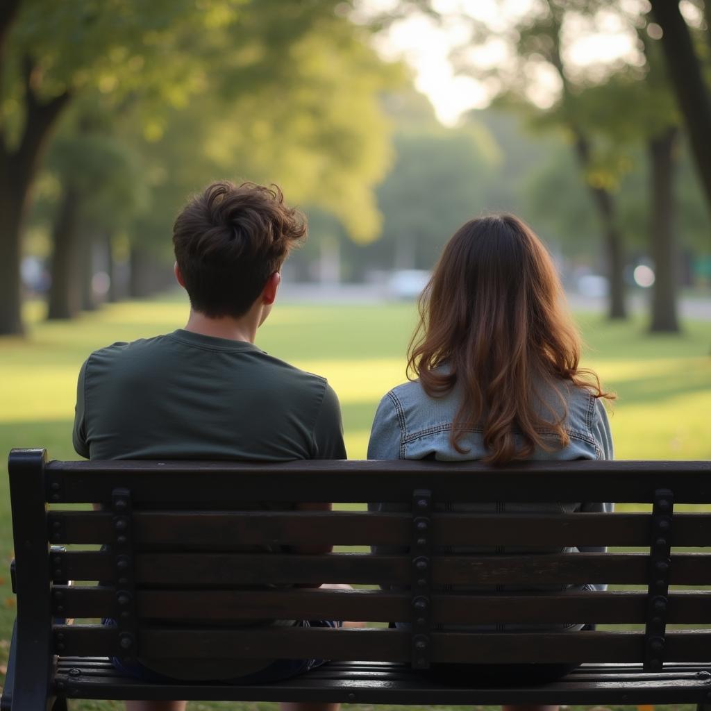 Hai người ngồi trên ghế công viên nhìn về hai hướng khác nhau, không khí trầm lắng, thể hiện sự xa cách và suy tư sau khi chia tay.