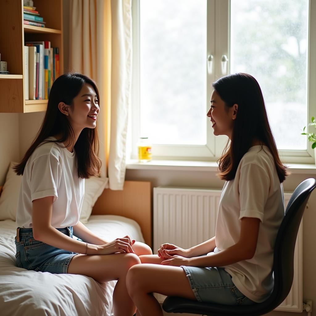 Hai bạn nữ sinh viên đang trò chuyện cởi mở để làm quen và tìm hiểu cách thân với bạn cùng ký túc xá.