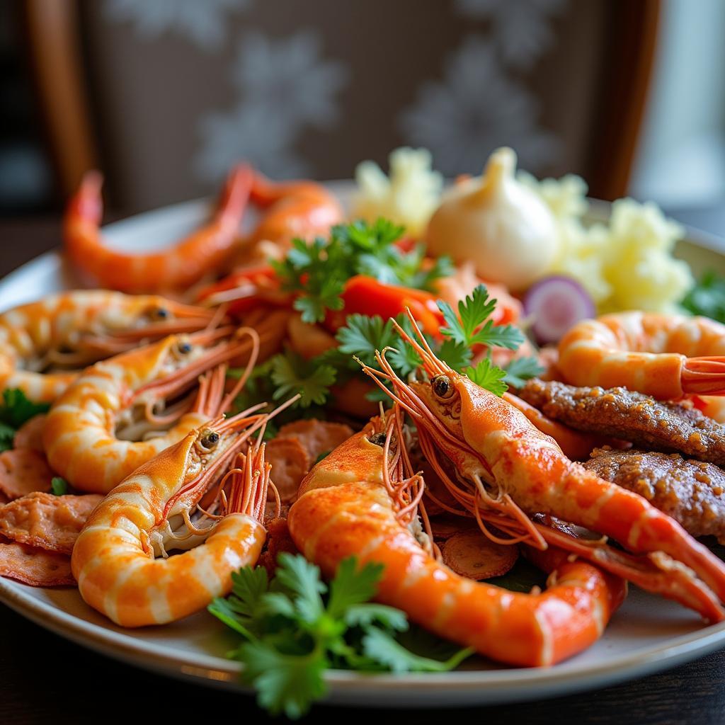 Món lẩu hoặc hải sản tươi ngon được trình bày đẹp mắt tại Nhà hàng Monaco Nguyễn Duy Trinh.