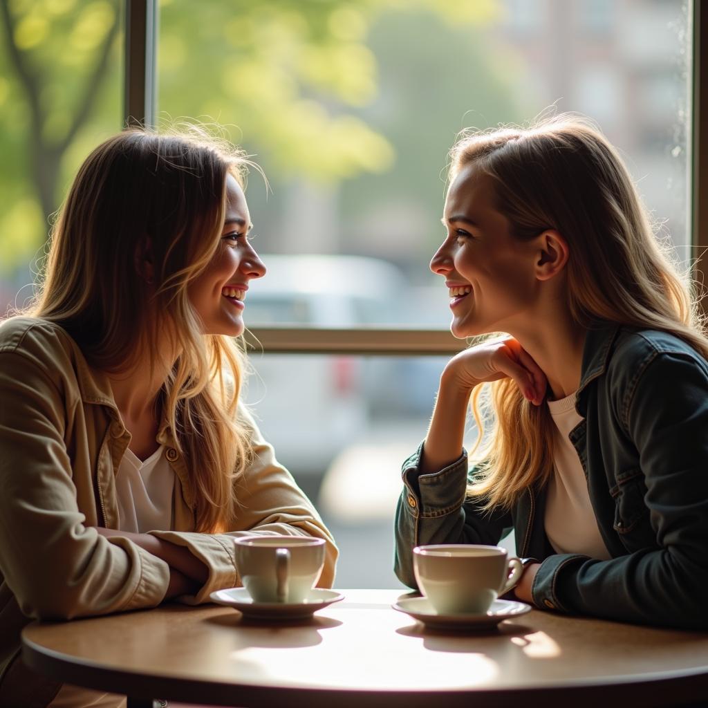 Hai người bạn thân mỉm cười và trò chuyện cởi mở để hàn gắn tình bạn sau mâu thuẫn tại một quán cà phê.