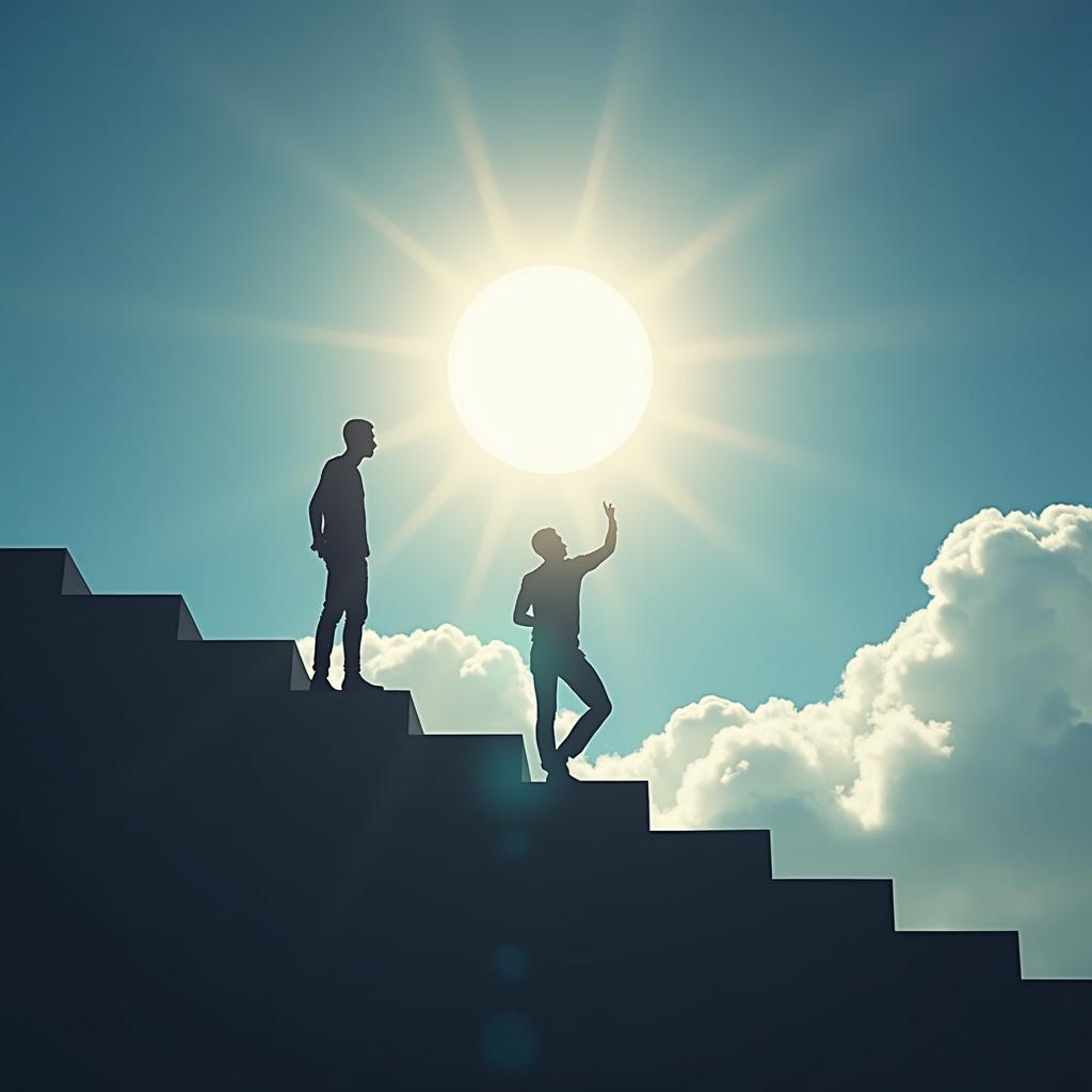 Một người đang bước những bước vững chắc lên một cầu thang ánh sáng hướng lên trời, tượng trưng cho hành động quyết liệt để hiện thực hóa những suy nghĩ lớn lao.