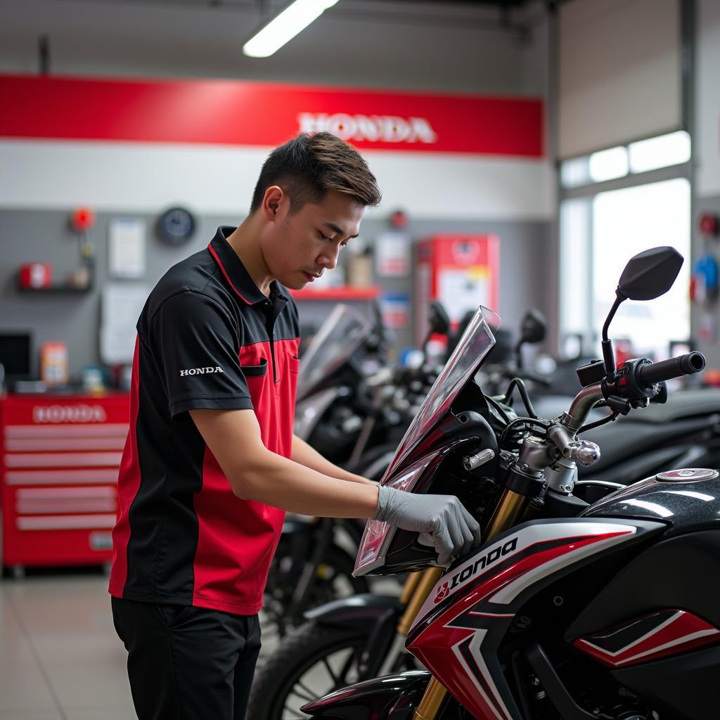 Kỹ thuật viên đang kiểm tra xe tại khu vực dịch vụ của HEAD Honda Hồng Phát 114 Lạch Tray.