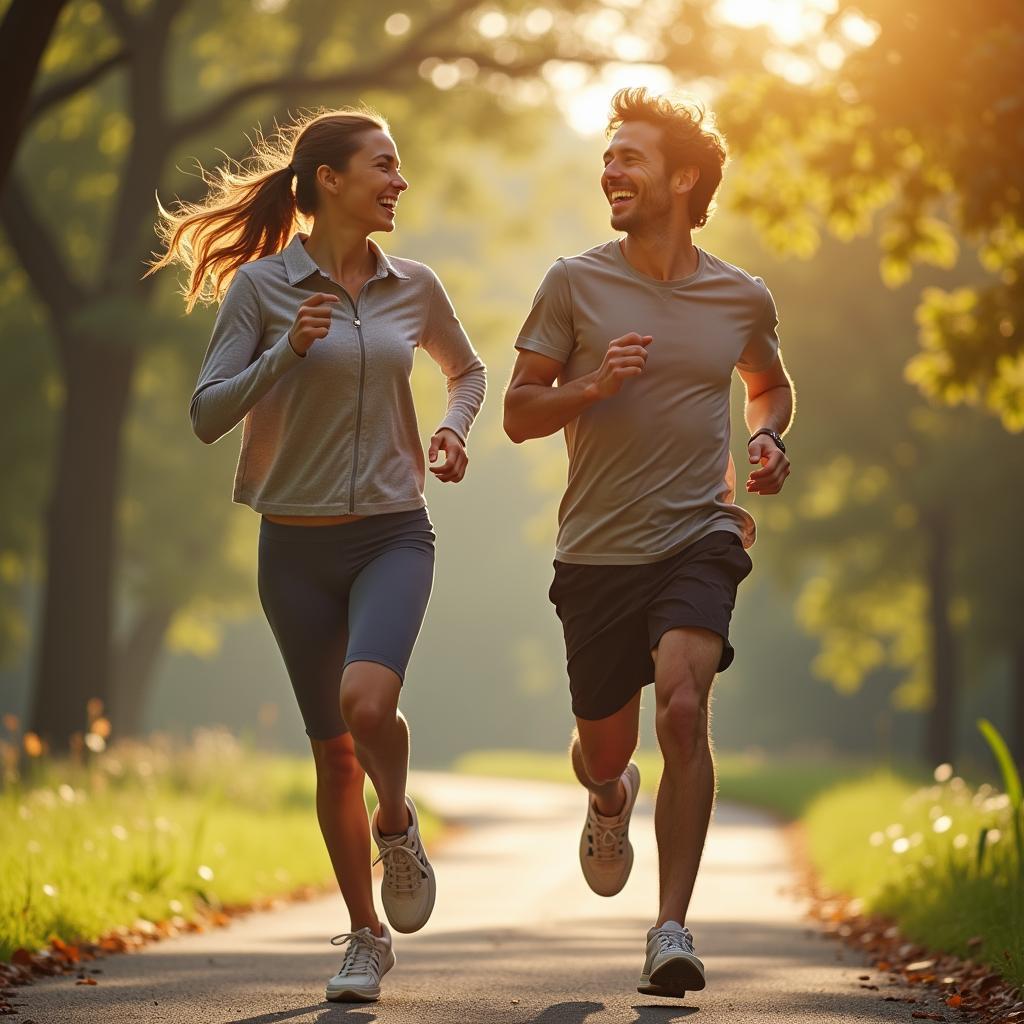 Hai người bạn đang vui vẻ chạy bộ cùng nhau trong công viên vào một buổi sáng cuối tuần đầy nắng
