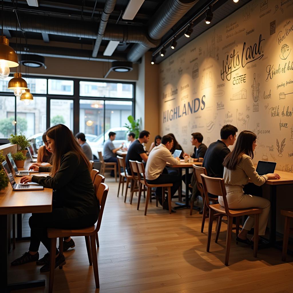 Khách hàng đang làm việc, học tập hoặc trò chuyện trong không gian ấm cúng tại Highlands Coffee 106 Nguyễn Văn Trỗi.