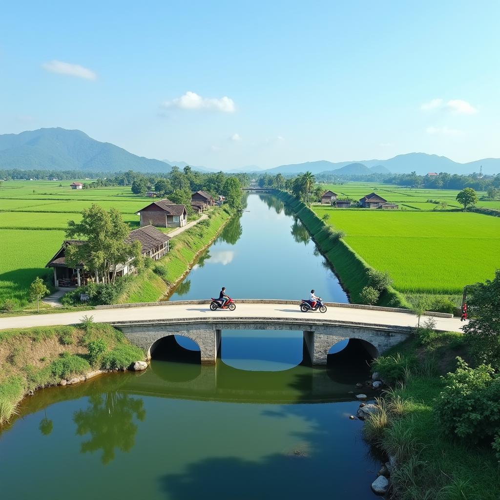 Hình ảnh Cầu Tiên Cựu bắc qua sông Đa Độ yên bình tại xã Đại Thắng, huyện An Lão, Hải Phòng.