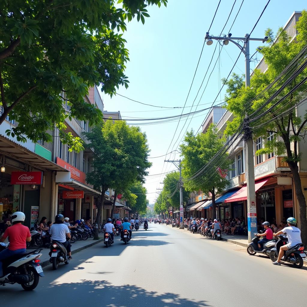 Khung cảnh đường Trần Hưng Đạo tỉnh Hưng Yên với dòng người qua lại và các cửa hàng san sát hai bên