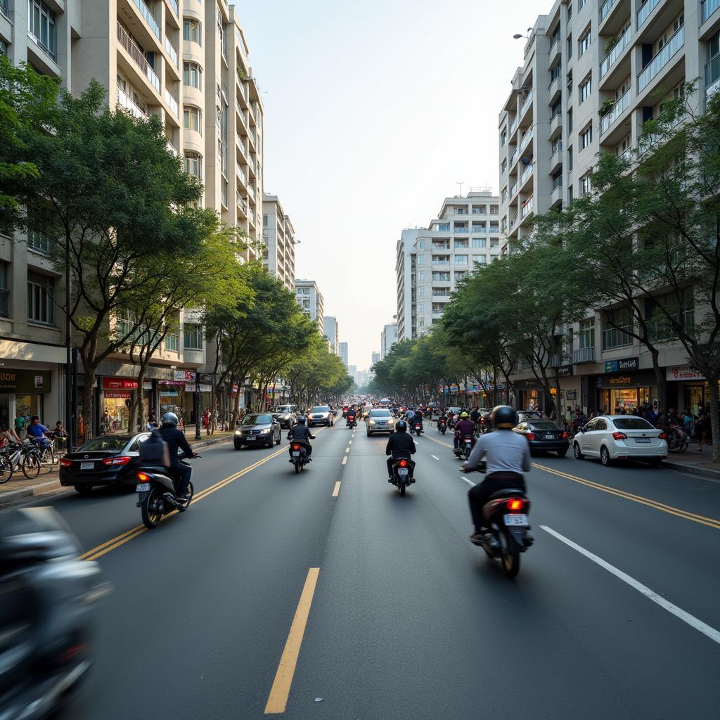 Hình ảnh hạ tầng giao thông hiện đại trên Phố Trần Thủ Độ, phường Hoàng Liệt với dòng xe cộ tấp nập vào giờ tan tầm.