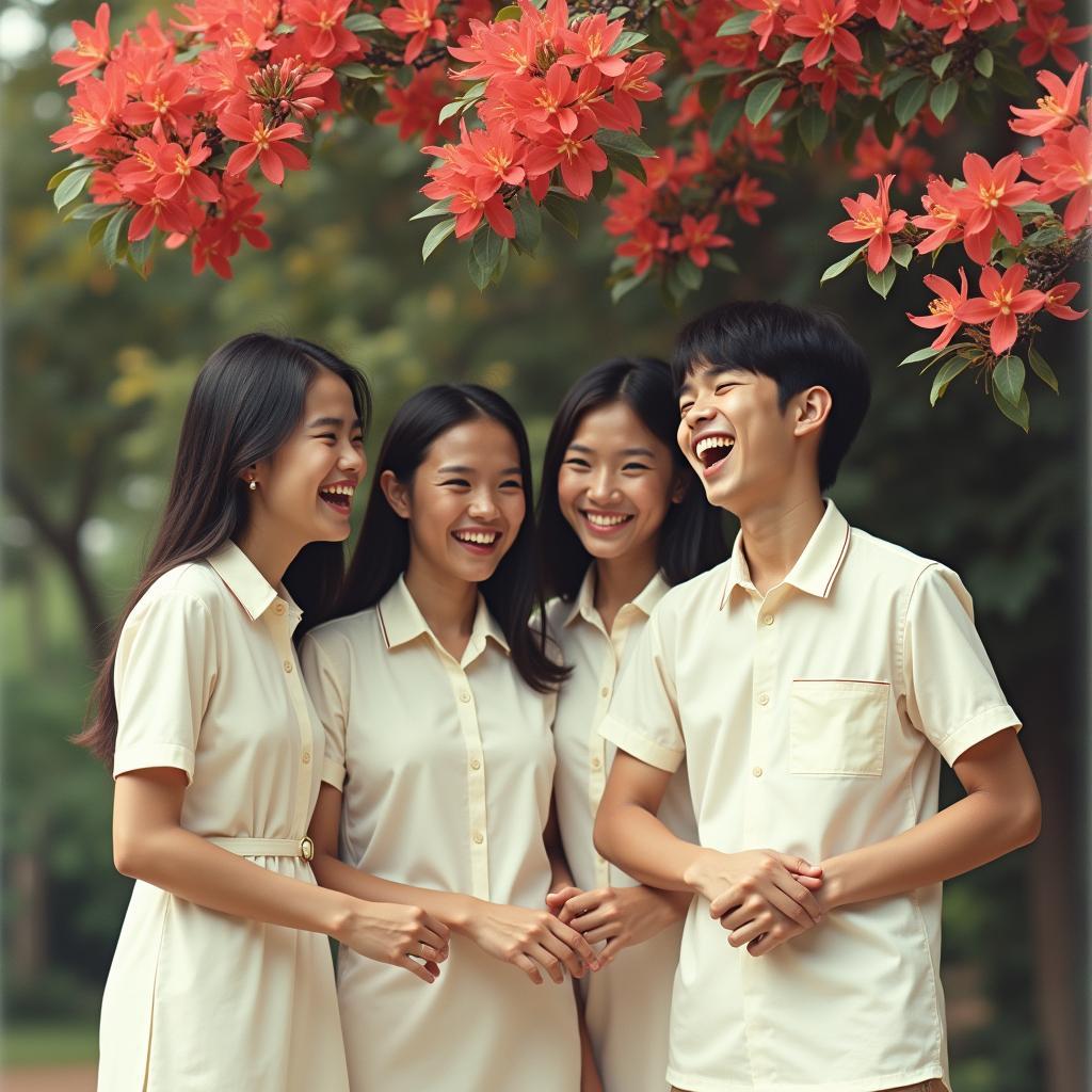 Hình ảnh mang phong cách hoài cổ về một nhóm bạn thân Việt Nam những năm 2000, mặc đồng phục học sinh, cười đùa vui vẻ dưới hàng phượng vĩ.