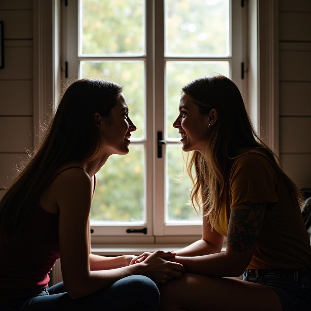 Hai người bạn thân đang ngồi trò chuyện sâu sắc bên cửa sổ, hình ảnh minh họa cho giá trị của tình bạn đích thực được truyền tải qua sách nói