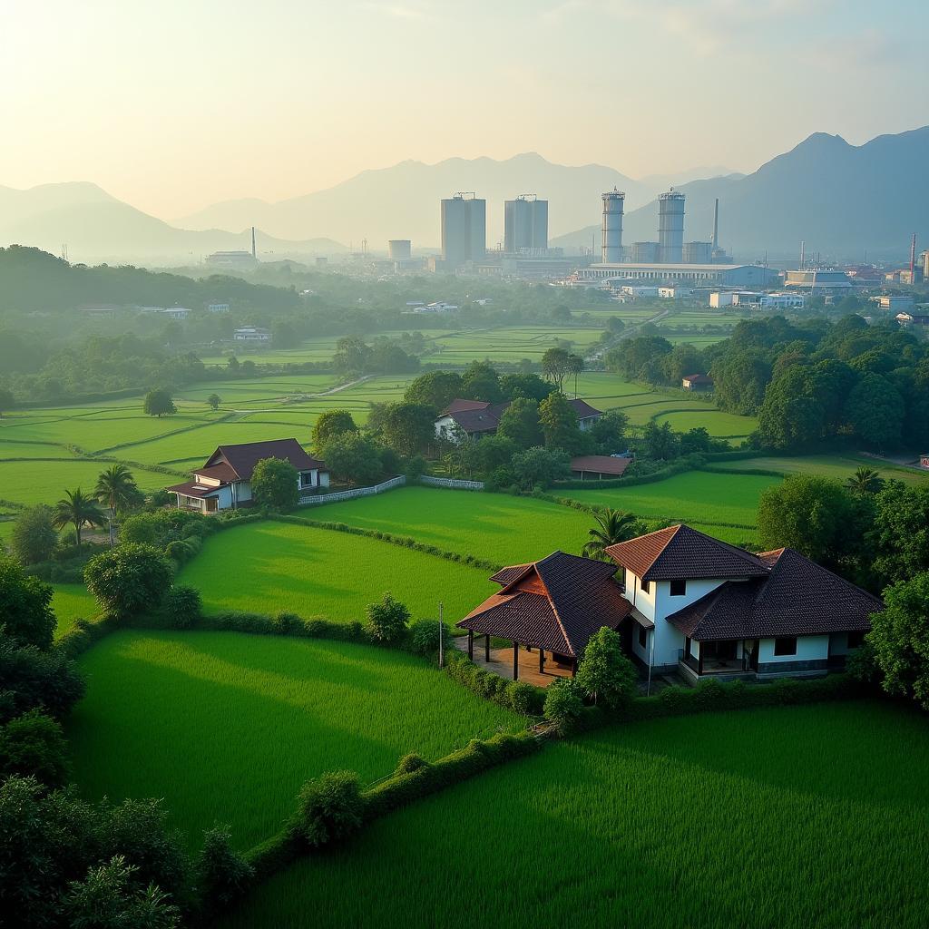 Toàn cảnh xã Yên Trung, Bắc Ninh với sự kết hợp hài hòa giữa khu công nghiệp sầm uất và làng quê thanh bình, thể hiện tiềm năng phát triển mạnh mẽ.