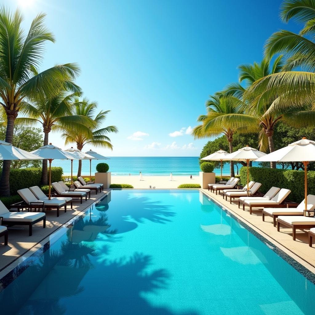Hình ảnh hồ bơi vô cực tuyệt đẹp tại Palmira Beach Resort & Spa, 14 Nguyễn Đình Chiểu, T. Bình Thuận nhìn ra bãi biển Mũi Né.