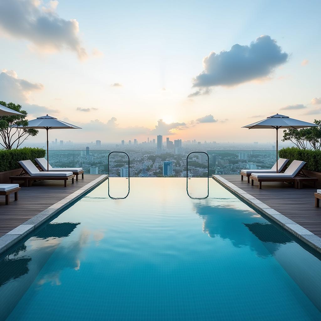Hồ bơi vô cực trên sân thượng Northern Charm Hotel với view thành phố Sài Gòn