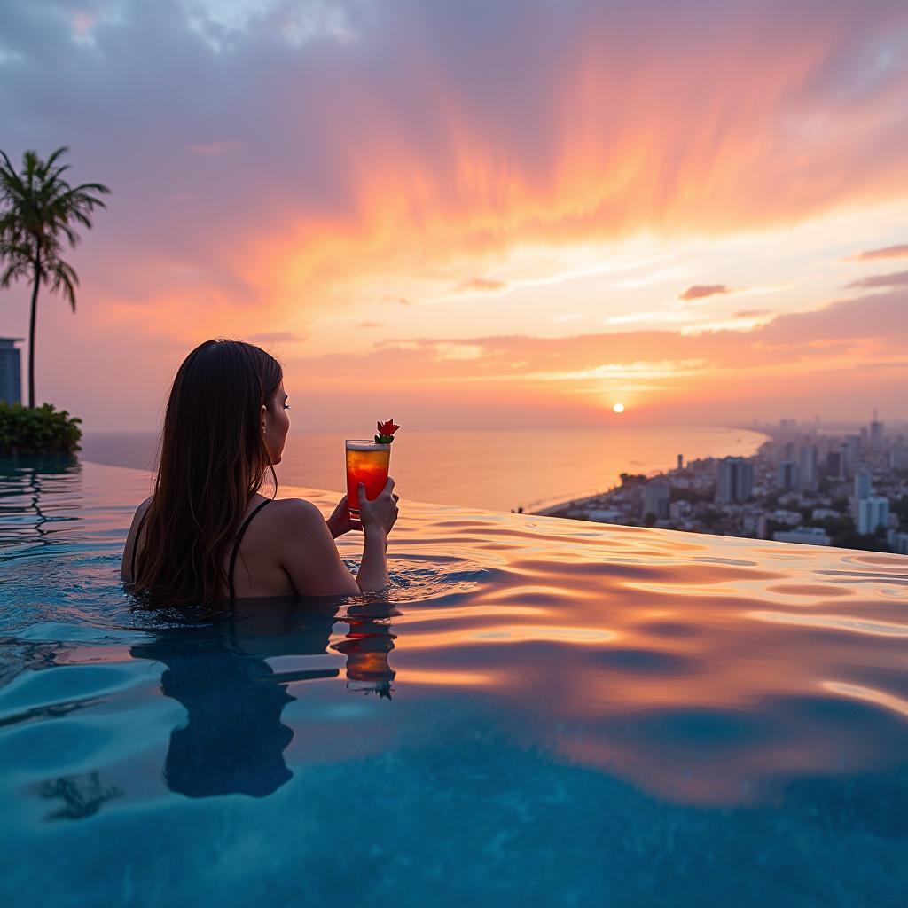 Hồ bơi trên tầng thượng của Sekong Hotel Danang Beach với tầm nhìn toàn cảnh biển và thành phố Đà Nẵng lúc hoàng hôn.