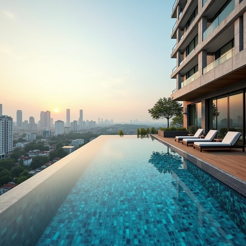 Hồ bơi tràn bờ trên cao tại chung cư Him Lam Phú Đông, một tiện ích thư giãn lý tưởng cho cư dân.
