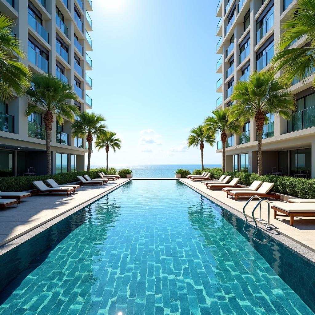 Hình ảnh hồ bơi vô cực sang trọng tại Blanca City Vũng Tàu nhìn ra biển trong xanh và thành phố
