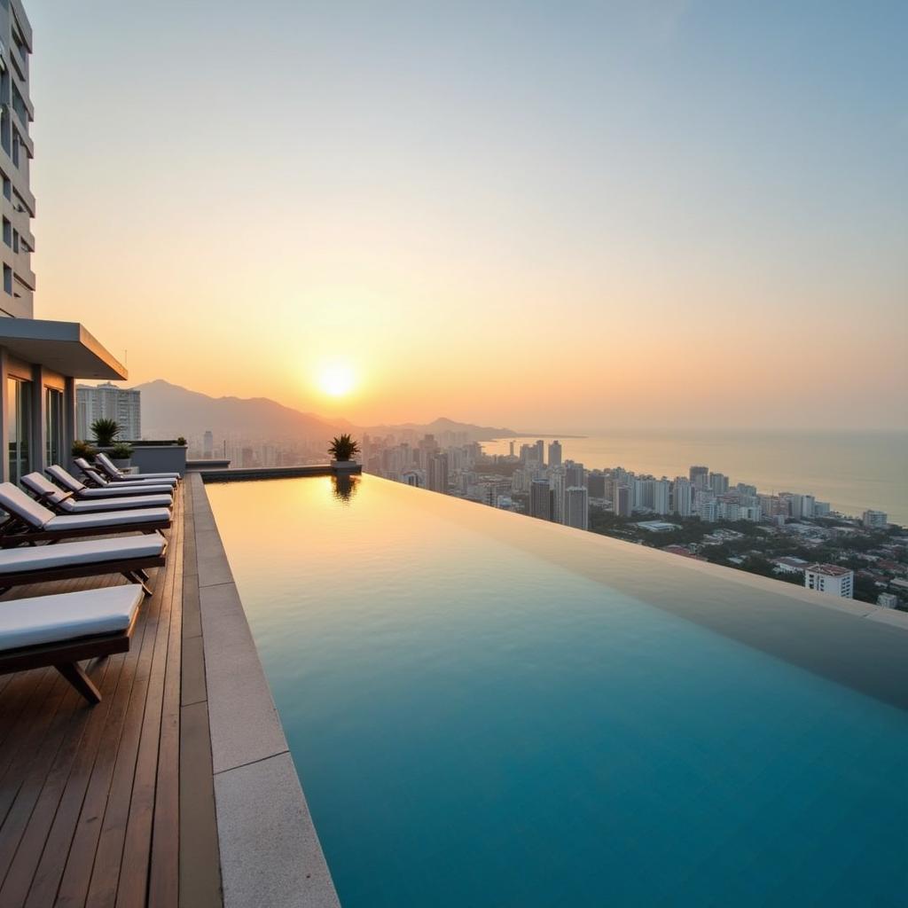 Hồ bơi vô cực trên tầng thượng của Khách sạn Miracle Luxury Nha Trang, một nơi lý tưởng để thư giãn và ngắm hoàng hôn trên biển