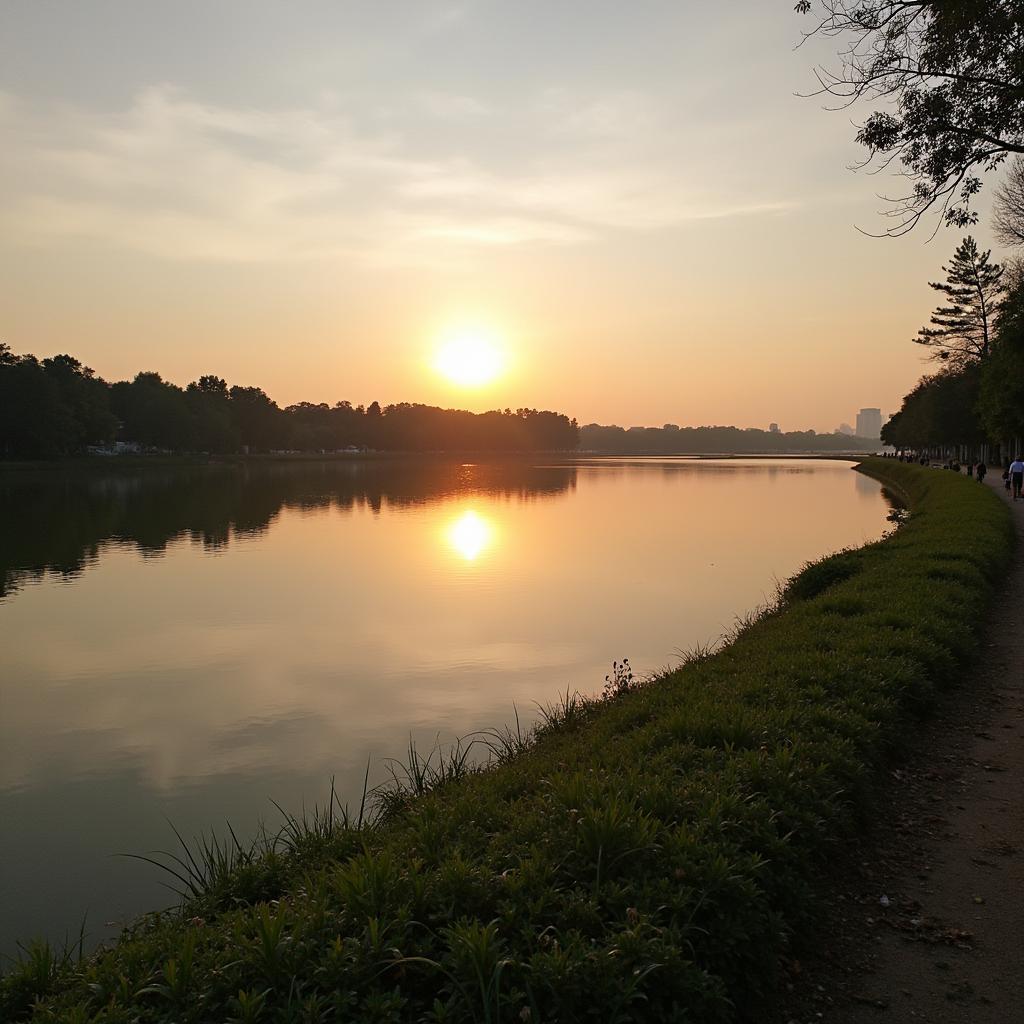 Phong cảnh thanh bình của Hồ Xương Rồng tại phường Trung Thành, Thái Nguyên vào một buổi chiều tà yên ả, có người dân đi dạo quanh hồ