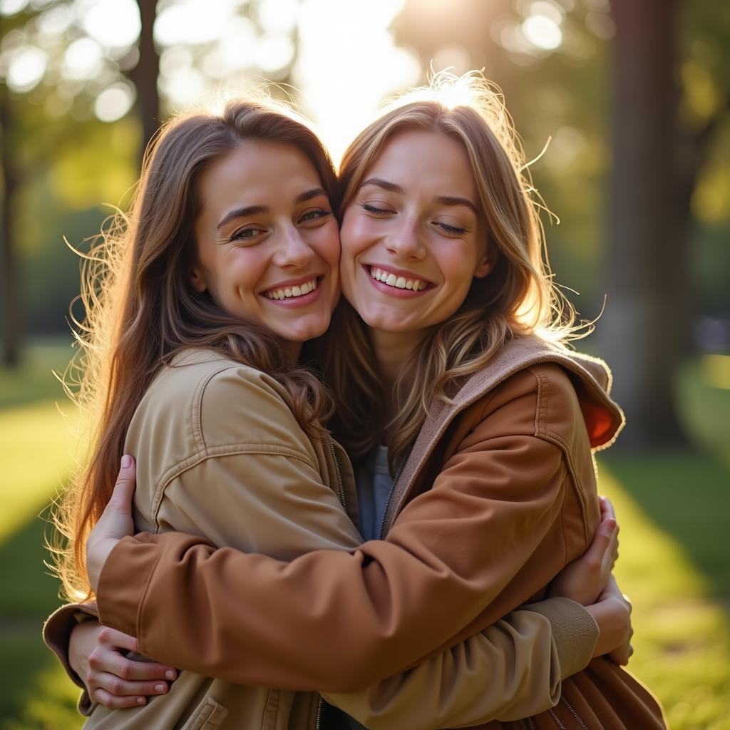 Đôi bạn thân ôm nhau hòa giải sau khi giải quyết mâu thuẫn, thể hiện một tình bạn bền vững và trưởng thành