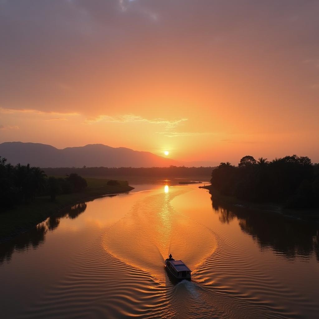Khung cảnh hoàng hôn thanh bình trên sông Lô đoạn chảy qua xã Chân Mộng Phú Thọ