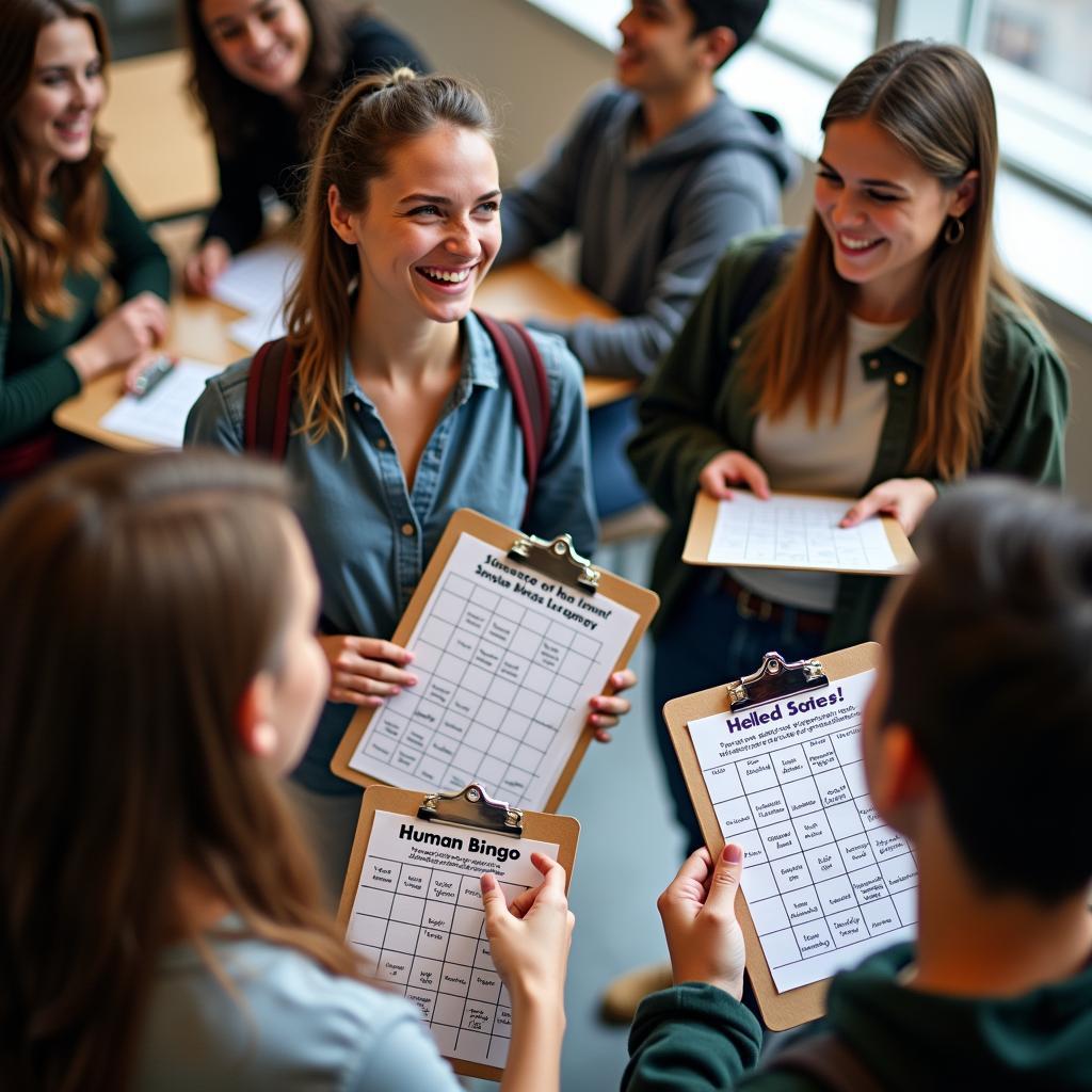 Học sinh hào hứng chơi trò Bingo Con Người, điền vào phiếu để tìm hiểu và gắn kết bạn bè trong lớp