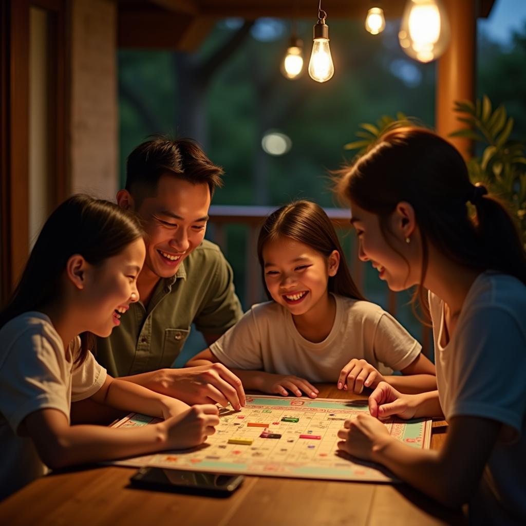 Cả gia đình cùng nhau chơi board game trong khu nghỉ dưỡng, một hoạt động chung ý nghĩa giúp gắn kết tình cảm các thành viên.