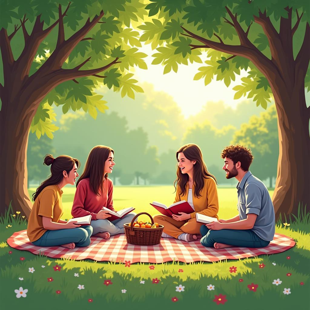 Nhóm bạn trong cộng đồng book club cùng nhau đi dã ngoại, đọc sách và trò chuyện vui vẻ dưới gốc cây xanh mát