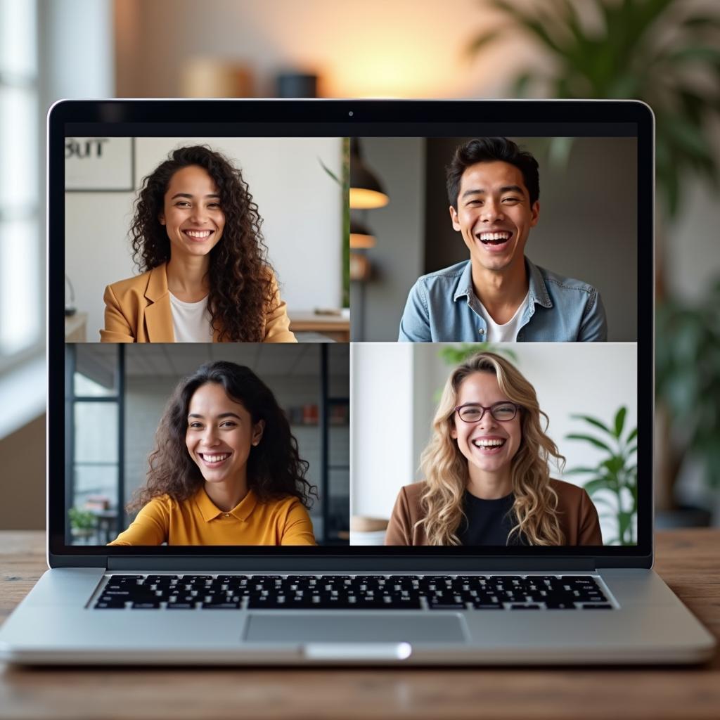Nhóm đồng nghiệp đang cười vui vẻ trong một buổi hoạt động gắn kết online, thể hiện tình bạn khi làm việc từ xa