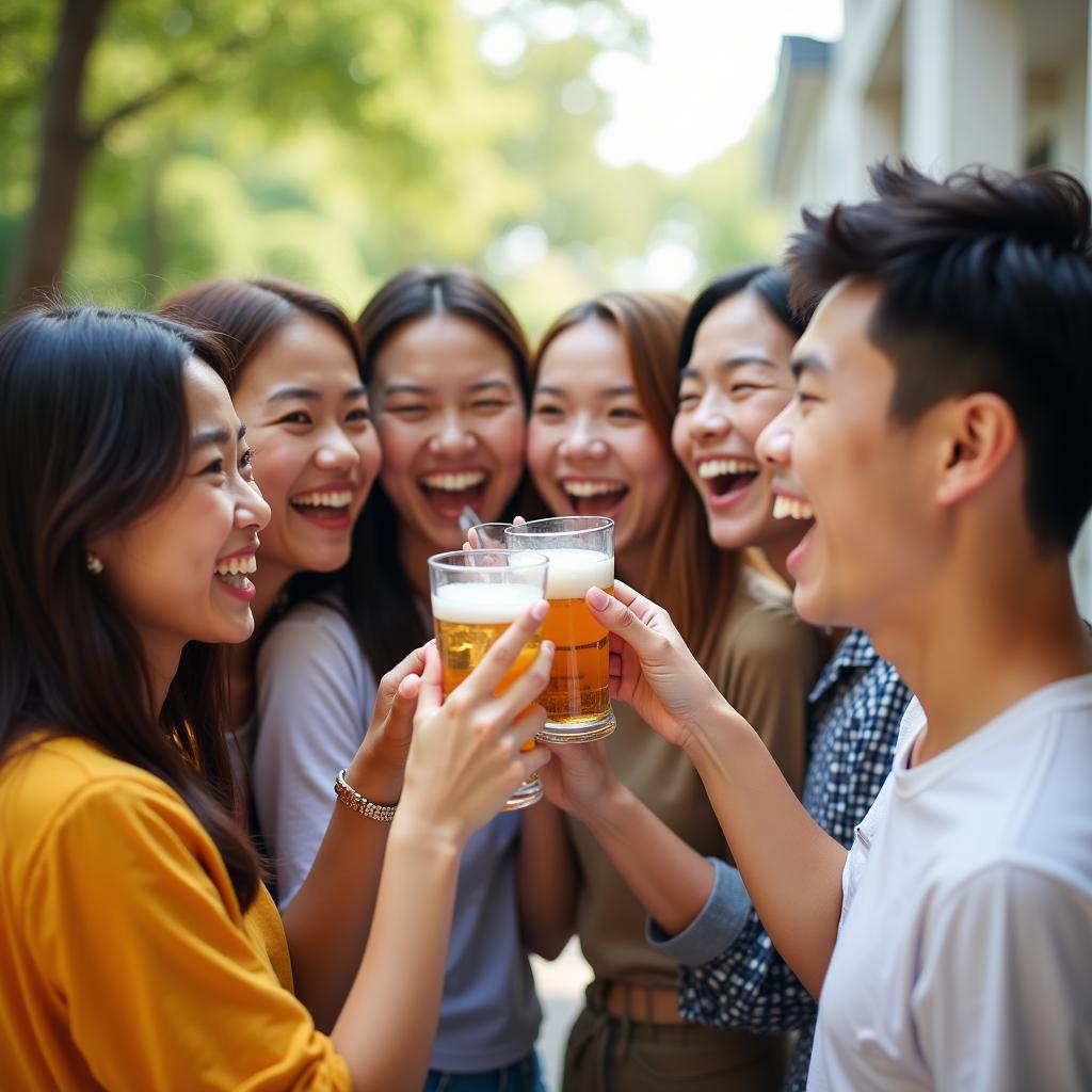 Một nhóm bạn bè đa dạng đang cùng nhau ăn mừng thành công nhỏ, nâng ly chúc mừng trong một không gian ngoài trời thoáng đãng