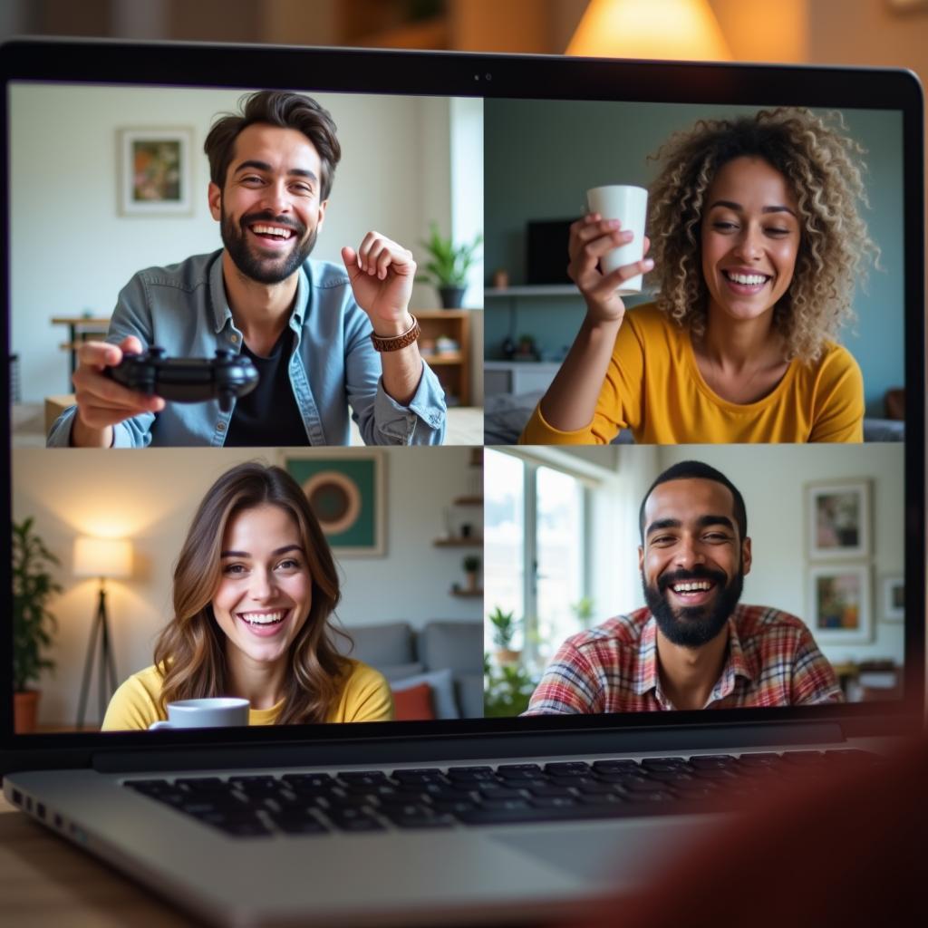 Nhóm bạn thân đang vui vẻ tham gia hoạt động online cùng nhau, một cách giữ kết nối bạn bè qua mạng hiệu quả